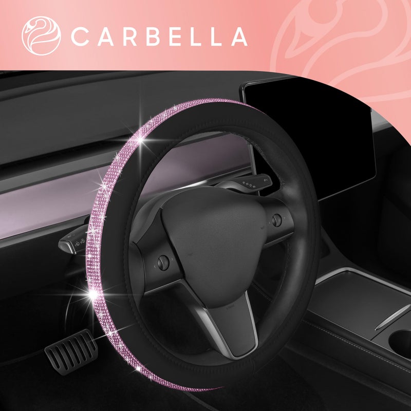 Carbella Leatherette Crystal Bling Steering Wheel Cover for Car SUV, Glitter Sparkle Rhinestone Cute Car Accessories for Women Universal Fit Standard Size (Fits 14.5"-15") - Black w/Pink Bling - Image 2